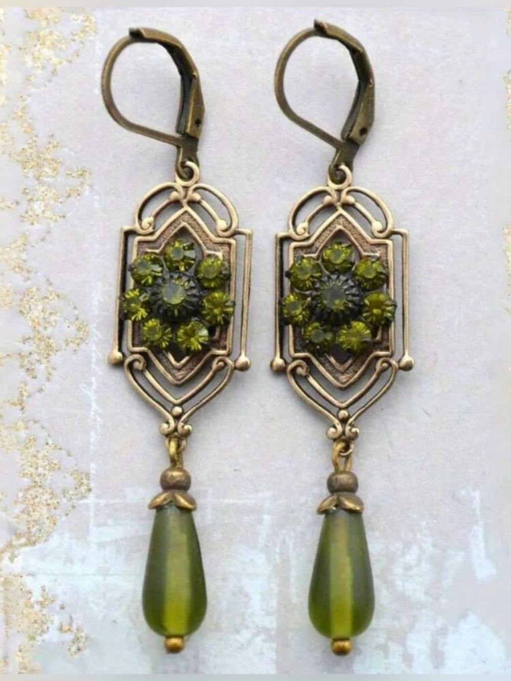 Vintage Water-Drop Pendant Earrings | Antiqued Golden Green Zircon Crystals